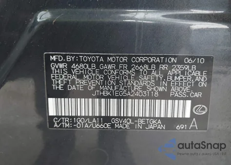 2010 Lexus Es 350 from USA, damaged, VIN JTHBK1EG5A2403118